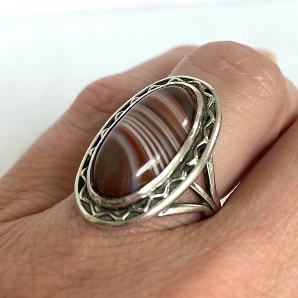 VTG Sterling Silver 925 Oval Bezel Set Banded Agate Double Split Shank Ring Sz 6 - Picture 3 of 16